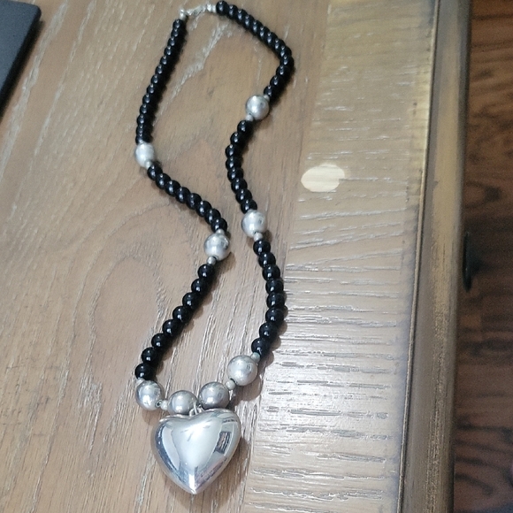 None Jewelry - Silver Heart Pendant Necklace with black glass and metal beads within necklace
